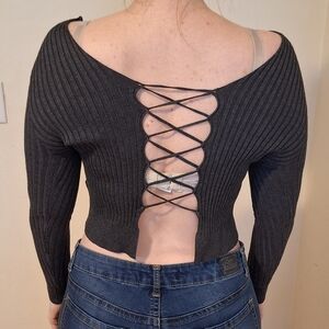 Charcoal, Ribbed V-Neck Sweater